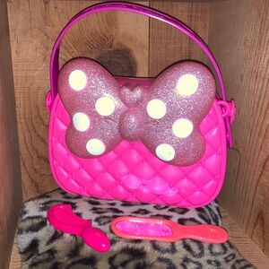 Minnie Mouse Pink  Glitter Bow  Plastic Girl Disney Purse & Mirror & Comb